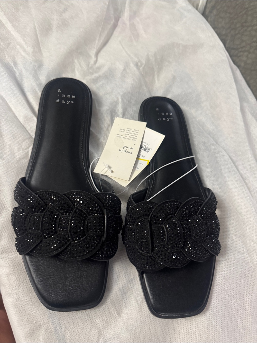 a new day Black Braided Crystal Embellished Slide Sandals